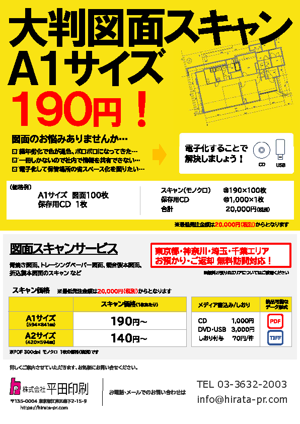 大判図面スキャンＡ１サイズ　190円